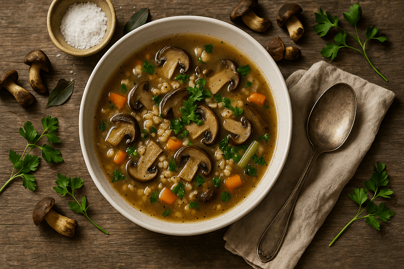 Królewska zupa grzybowa z kaszą perłową (Królewski Bulion)